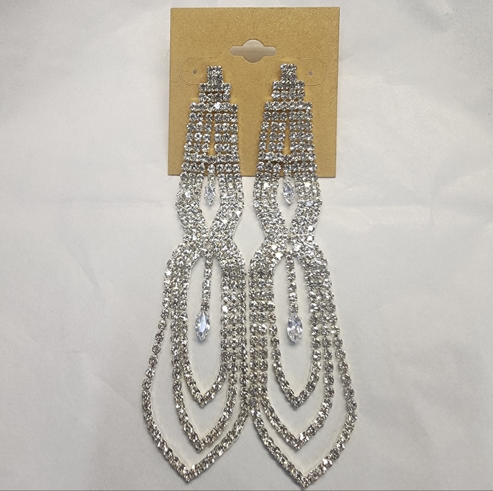 Long Silver Crystal Chandelier Drop Dangle Earrings Wedding Prom Ball